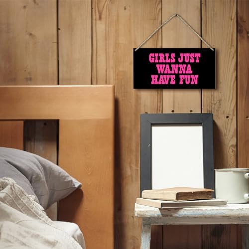 Hot Pink Preppy Girls Just Wanna Have Fun Printed Wood Plaque Sign Wall Hanging,Trendy Preppy Hanging Wall Signs for Girls Room College Dorm Bachelorette Party Decor 12 x 6 Inches Home Décor Accents（Black）