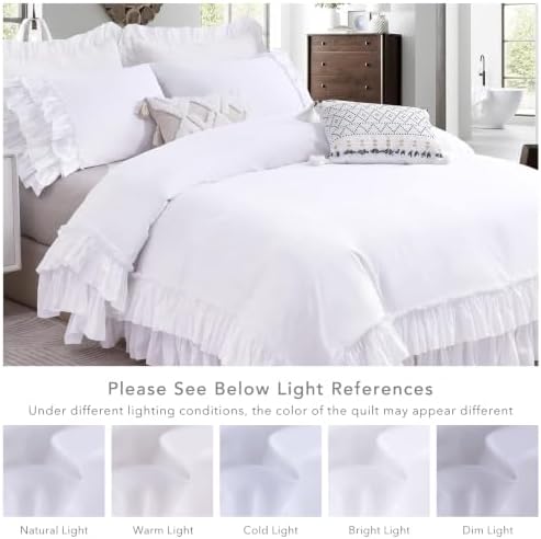 Ruffle White Duvet Cover California King Size- Washed Cotton Shabby Farmhouse Chic Ruffled Bedding 3pcs(1 Soft Cotton Duvet Cover +2 Ruffle Pillowshams) Aesthetic French Country Calking Bed