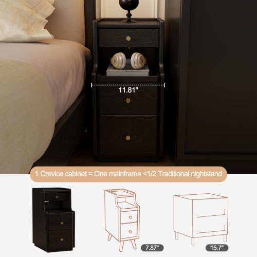 AQIMUELE Solid Wood Narrow Nightstand with 3 Drawers,Pure Black 11.8"
