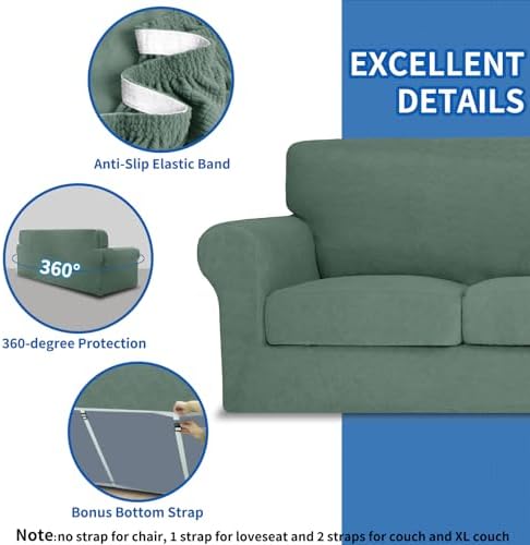 MAXIJIN 3 Piece Couch Covers for 2 Cushion Couch loveseat Cover, Stretch Love Seat Sofa Slipcovers for Dogs Pet, Thick Furniture Protector with 2 Seat Cushion (55"-69", Pea Green)