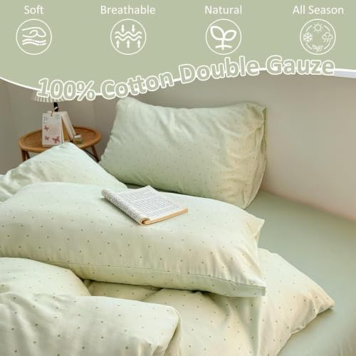 Green Queen Size Duvet Cover 90"×90",100% Cotton,Polka Dot Bedding