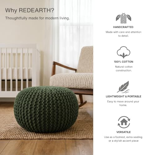 · REDEARTH · Round Pouf Ottoman - Hand Knitted Boho Poof Footrest - Olive