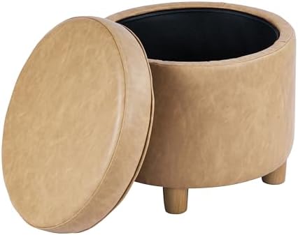 HomePop 19" Round Storage Ottoman - Sand Faux Leather