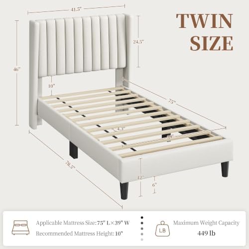Yaheetech Twin Bed Frame with Headboard,Ivory Channel-Tufted Platform