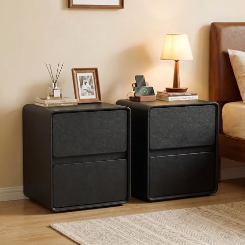 15.8" W Leather Narrow Nightstand Set of 2, Modern Fully-Assembled Bedside Table with 2 Drawers, Night Stand Small End Table & Side Table for Bedroom, Black