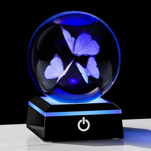 Butterfly Gifts for Women 3D Crystal Ball 3.14'' - 80mm Laser Decor Glass Animals Figurines Statue for Room Decorations Night Light