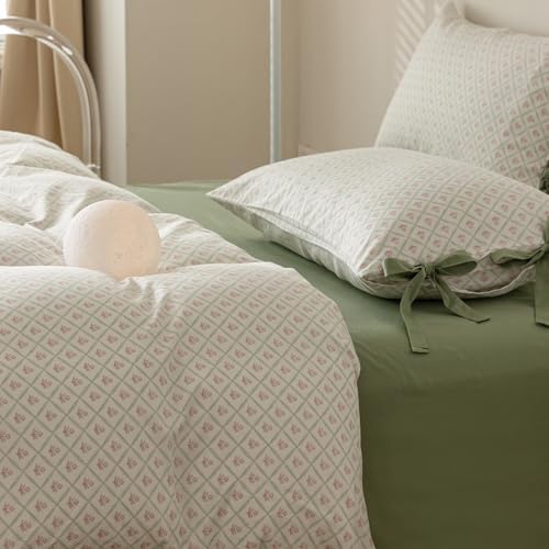 Pink Floral Duvet Cover Queen Cottage Vintage Bedding Set Queen Aesthetic Flower Cute Girls Duvet Cover Set with 2 Green Bowknot Pillow Shams Soft Cotton Grid Plaid Cream Comforter Cover