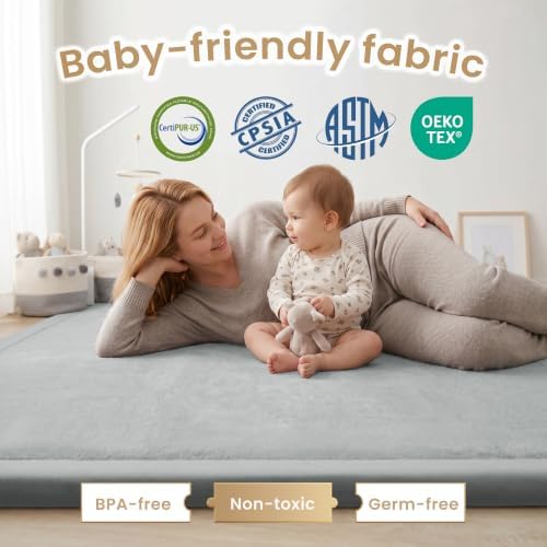 ACOMOPACK Baby Play Mat for Floor 1.3" Thick Memory Foam Play Mat 79×158" Tummy Time Crawling with Non-slip Bottom for Living Room,Nursery,Soft Velvet Playpen Mats for Kids,Infants（Light Grey）