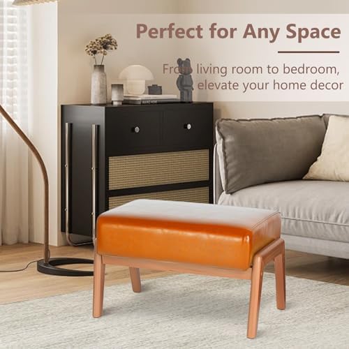 15inch Ottoman Foot Rest, Leatherette Ottoman Bench, Modern Accent Sofa Stool Foot Stool for Accent Chair, Walnut Wood Frame & Thickness Cushion, Yellowish