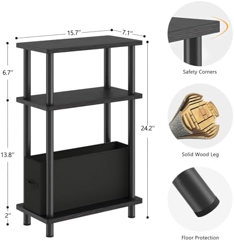 Apicizon Narrow Side Table with Fabric Basket, 3-Tier End Table, Black