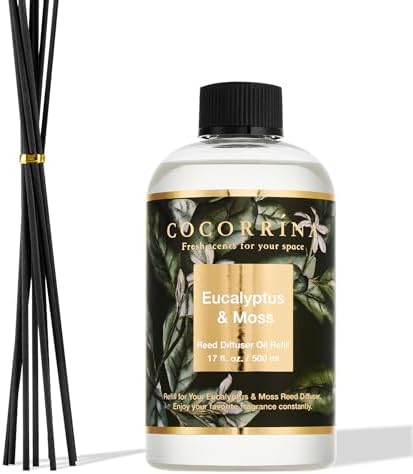 Cocorrína Reed Diffuser Refill Eucalyptus & Moss 17oz (500ml) with 8 Rattan Sticks - Premium Long-Lasting Essential Oil, Home Fragrance for Bedroom, Bathroom Home Decor