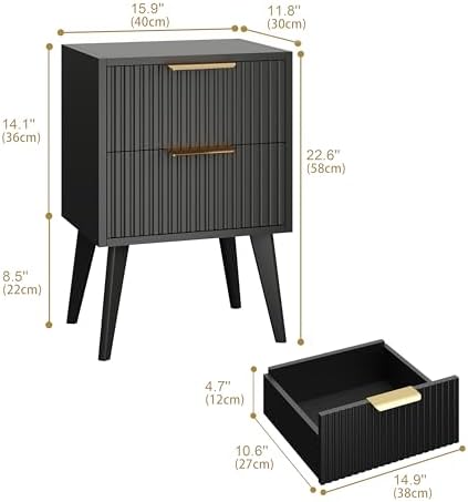 YAUKOMEL Fluted Nightstand with 2 Drawers,Black Bedside Table