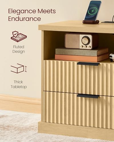 VASAGLE Nightstand with Charging Station, 2 Drawers, Open Shelf