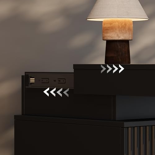 Fluted Nightstand with Charging Station & RGB LED Lights, Black