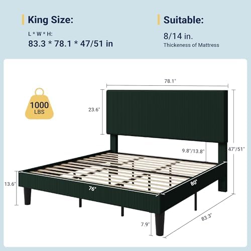 Allewie King Bed Frame, Corduroy Tufted Headboard, Dark Green