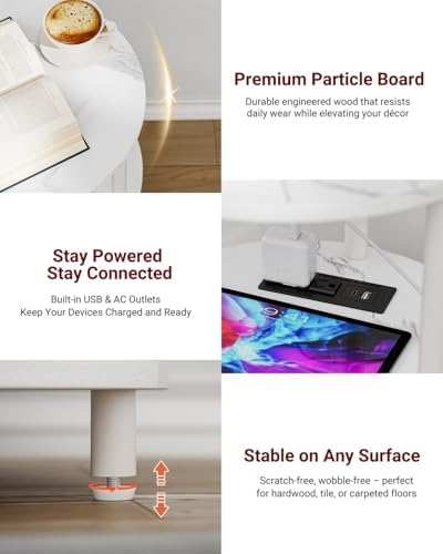 XBurmo Small Round End Table - 3 Tier Design Accent Table, Narrow Side or Bedside Stand, Industrial Vintage Table for Small Spaces, Built-in USB Ports and Power Outlet, Marble White