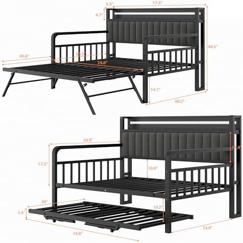Daybed with Trundle and LED Light, Heavy Duty Metal Full Bed Frame with Upholstered Storage Headboard & Charging Station, Day Bed Pop Up Trundle Bed for Living Room,Bedroom and Guest Room, Black