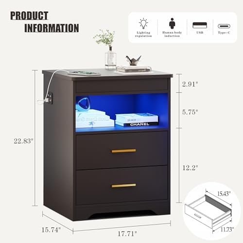 Nightstand Set of 2, Charging Bedside Table with USB & Type-C Port, LED Nightstand with Human Sensor Light, Modern End Table with Gun Drawers for Bedroom Office, Black
