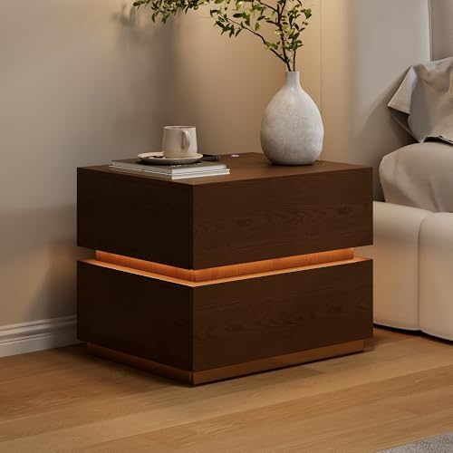 homary Smart Nightstand Set of 2 with Wireless Charging Station, USB & Type-C Ports, LED Light, 2 Drawers – Modern Walnut Bedside Table for Bedroom Storage