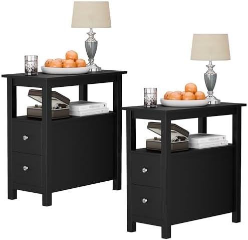 ZENY Narrow End Table Set of 2 Side Table with Drawer and Open Shelf Sofa Table for Living Room Bedroom, Small Table for Bedside, Couch