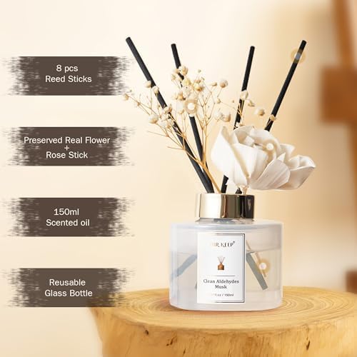 Airkeep Flower Reed Diffusers Set, 5.07 oz Clean Aldehydes Musk Scented Oil Diffuser with 8 Reed Sticks, Home Fragrance Diffuser Gift Set for Bathroom & Office Decor 150ml