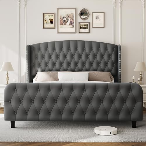 GarveeHome 51" Tall Queen Size Bed Frame with Wingback Headboard, Grey