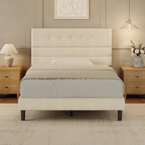 GRUSIGN Full Size Bed Frame with Linen Fabric Headboard, Adjustable Height Upholstered Platform Bed Frame with Wooden Slats, Easy Assembly, Beige