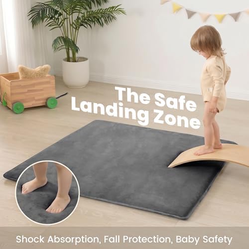 Huloo Sleep Baby Play Mat for Floor,1.3" Thick Elasti-Foam 47"×47" Playpen Mat for Tummy Time,Water Repellent Soft Coral Velvet for Toddler,Infant,Kids,Non-Slip Backing Safe for Crawling(Dark Grey)