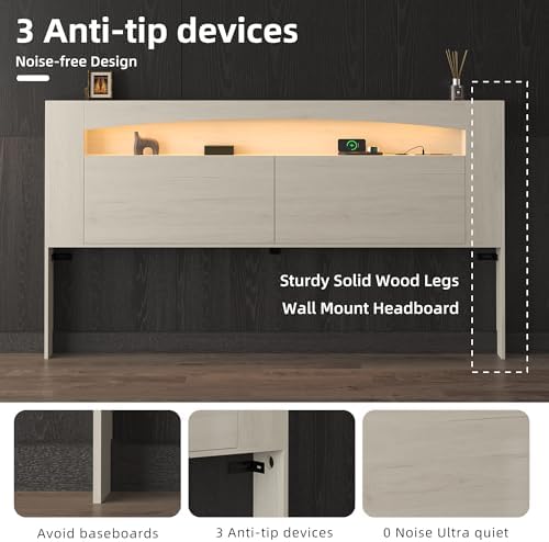 Queen Size Wooden Headboard Only with Storage (Off-White, Queen)
