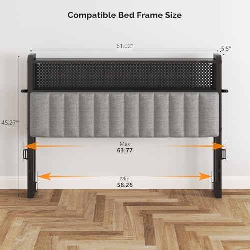 VINGLI Queen Size Headboard Only, Adjustable Upholstered Headboard with 2 Tier Shelves and Pegboard with Charging Stations and LED Lights, Modern Bed Headboard with Storage for Bedroom Decor