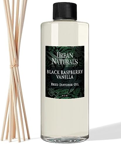 Urban Naturals Reed Diffuser Oil Refill Black Raspberry Vanilla with BlackBerry, Raspberry, Vanilla Orchid, Amber, Sandalwood 8 oz + Free Reed Sticks, Made in the USA