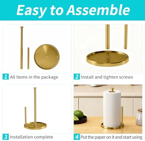 Paper Towel Holder Countertop, Standing Paper Roll Holder with Anti Slip Weighted Base, Stainless Steel Freestanding Paper Towel Holder for Kitchen, Gold