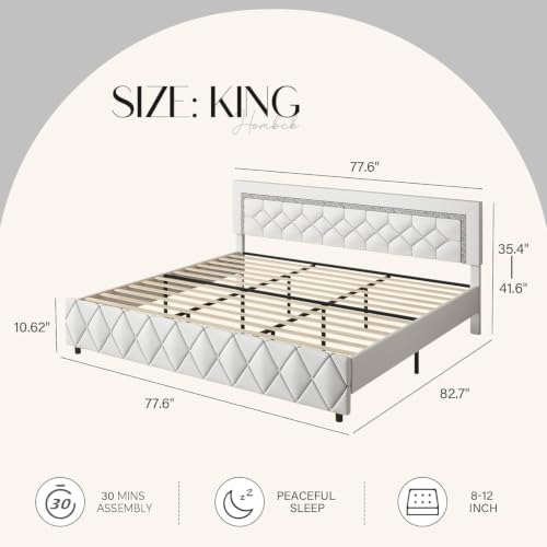 King Bed Frame with Diamond Headboard, Upholstered Platform Bed, White