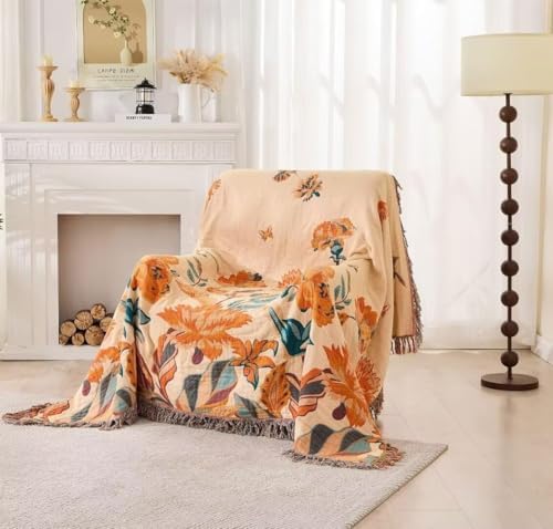 Boho Throw Blanket for Bed 100% Cotton Bohemian Blankets Ultra Soft Woven Muslin Decorative Blankets All Seasons Vintage Quilt Knitted Blanket for Sofa Chair(Orange, 60"x80")