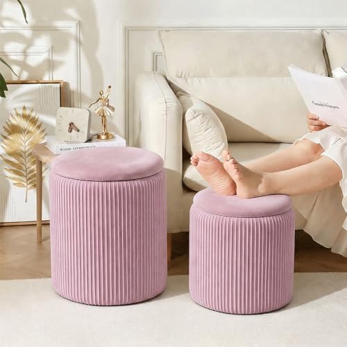 YYW HOME Velvet Round Ottoman with Storage Set of 2, Pink Vanity Stool