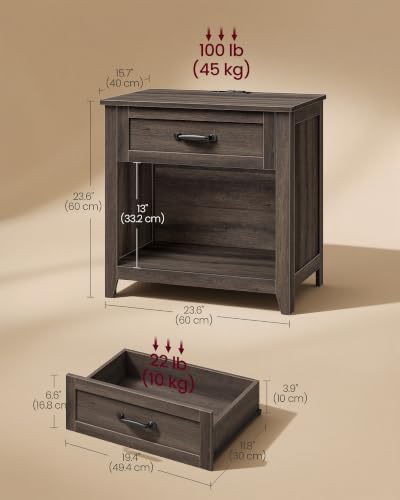 VASAGLE 23.6 inch Farmhouse Nightstands Set 2, Charging Station, 1 Drawer