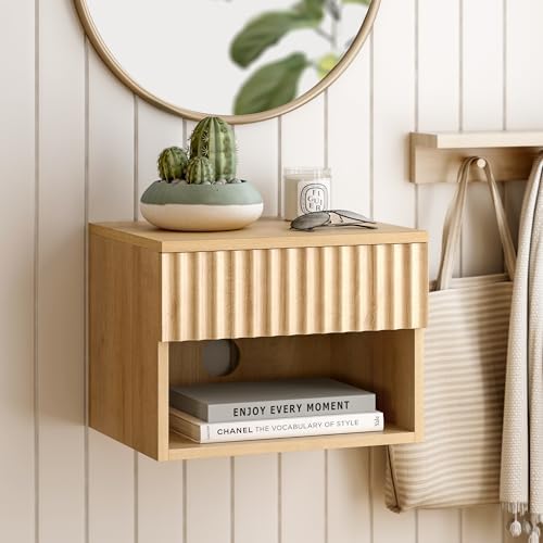 EYYTHUNG Small Floating Nightstand Set of 2, Modern Fluted Night Stand with Drawer and Open Storage Shelf Wall Mounted Bedside Tables Natural Oak