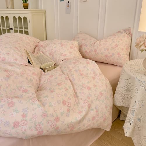 HighBuy Cotton Muslin Duvet Cover Twin XL Size for Teen Girls,Cottagecore Pink Floral Print Bedding Set 3 Pieces,Soft Breathable Princess Gauze Cotton Comforter Cover for Girls Kids Toddlers
