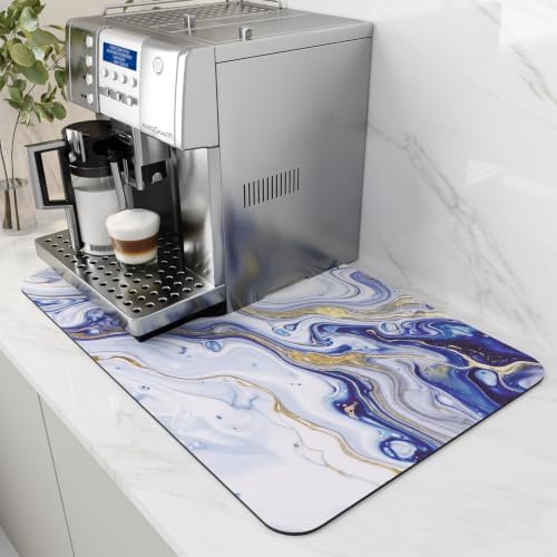 AMOAMI Dish Drying Mat for Kitchen Counter-Coffee Mat Bar Accessories, Hide Stain, Rubber Backed, Absorbent, Fit Under Coffee Maker, Espresso Machine, Pot, Dish Rack,(12x19,Marble,Blue)