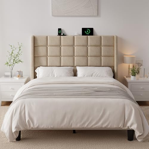 ONBRILL Ergonomic Headboard Full Size with Charging Station, Beige
