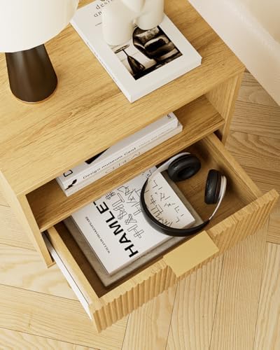 Aienvey Nightstand with One Drawer, Oak Stripe Night Stand and Gold Frame