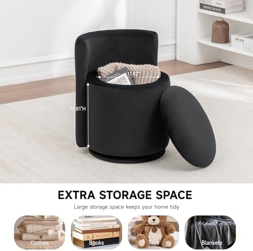 MINCETA Vanity Chair with Storage, 360° Swivel Accent Chair, Deep Black