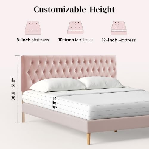 Kingfun Tufted Upholstered King Size Bed Headboard in Modern Button Design, Adjustable Solid Wood Head Board, Premium Velvet Fabric Padded Headboards in Bedroom (Pink)