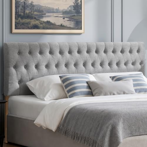 Kingfun Tufted Upholstered Queen Size Bed Headboard in Modern Button Design, Adjustable Solid Wood Head Board, Premium Linen Fabric Padded Headboards in Bedroom (Smoky Grey)