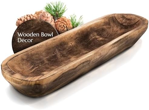 FANDOS Wooden Dough Bowl for Decor - 17¾ in Long Hand Carved Paulownia, Large Rustic Decorative Bowl for Home Table Centerpiece, Keys, Entryway Table, Catchall Tray & Wooden Dining Room Centerpiece