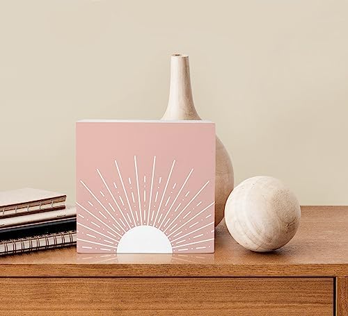 KU-DaYi Abstract Boho Sun Sunrise Sunshine Blush Pink Wood Box Sign Rustic Farmhouse Style Wood Block Plaque Decor for Bohemian Home Girls Room Wall Desk Shelf Decoration