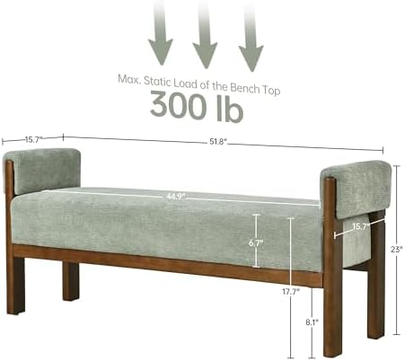 VKNOW End of Bed Bench Upholstered Bedroom Bench with Arms, Light Green