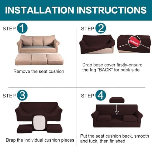 Turquoize 4 Piece Sofa Covers for 3 Cushion Couch Sofa Slipcover Soft Couch Cover for Dogs Washable Furniture Cover with 3 Individual Large Cushion Covers Feature Fabric (Large Sofa, Brown)