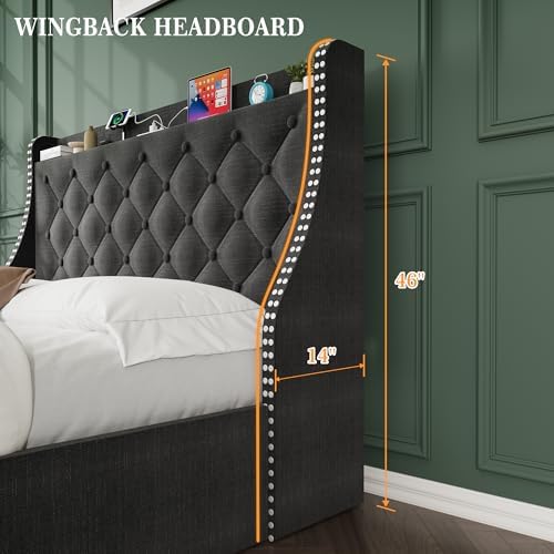 Upholstered Full Bed Frame with 4 Storage Drawers, Wingback Headboard with Charging Station, Diamond Stitched Button Tufted Design, No Box Spring Needed, Grey