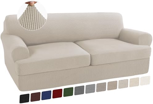 Turquoize 3 Piece T Cushion Sofa Slipcovers Stretch Couch Cover Furniture Covers with 2 Individual T Cushion Covers, Washable (2 Cushion Sofa, Island Fossi)